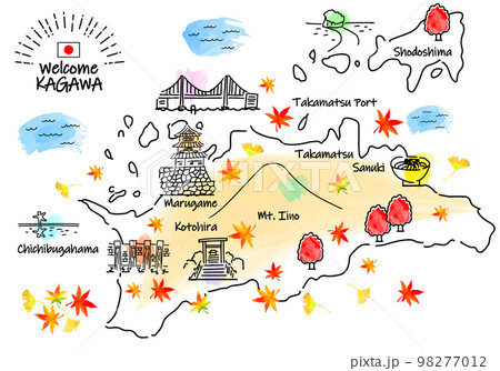 秋の香川県の観光地のシンプル線画イラストマップ 98277012