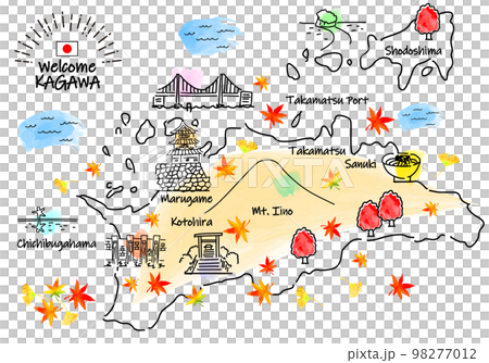Simple line drawing illustration map of tourist spots in Kagawa prefecture in autumn 98277012