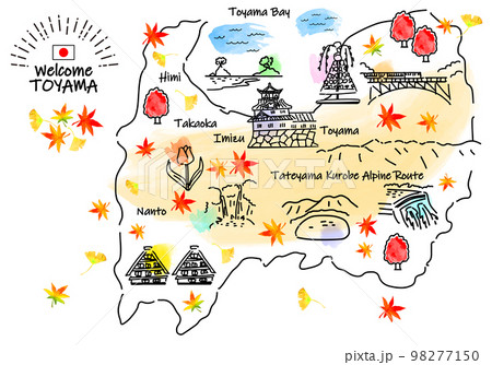 秋の富山県の観光地のシンプル線画イラストマップ 秋の富山県の観光地のシンプル線画イラストマップ 98277150