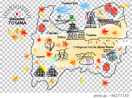 Simple line drawing illustration map of tourist spots in Toyama Prefecture in autumn 98277150