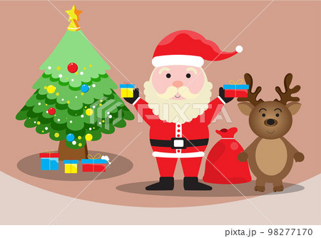 Uncle Santa Claus holding a gift box and a red bag. There is a deer and a Christmas tree with gift boxes under the tree. 98277170