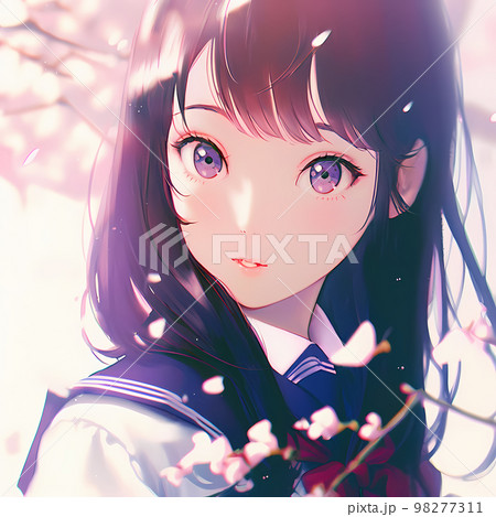 女子生徒　桜が満開の季節　卒業式　入学シーズン「AI生成画像」 98277311