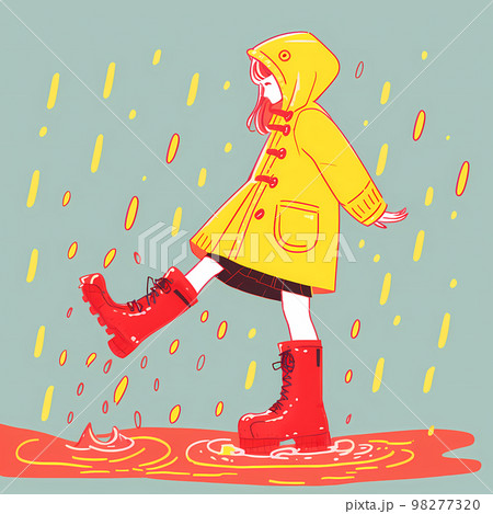 黄色い雨ガッパと赤い長靴の少女　梅雨の季節「AI生成画像」 98277320