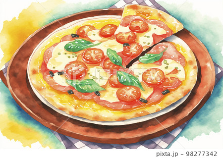 ピザ マルゲリータ 水彩画風イラスト「AI生成画像」 ピザ マルゲリータ 水彩画風イラスト「AI生成画像」 98277342