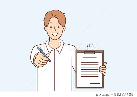 Smiling businessman offer contract and pen for signature  98277409