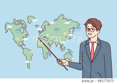 Male weather forecaster showing precipitation prediction map in different parts world. Vector image Male weather forecaster showing precipitation prediction map in different parts world. Vector image 98277675