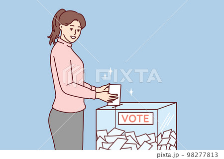 Woman throws ballot into box casting vote for presidential or congressional candidate. Vector image Woman throws ballot into box casting vote for presidential or congressional candidate. Vector image 98277813