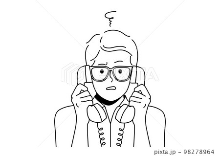 Unhappy man feel confused talking on landline phones Unhappy man feel confused talking on landline phones 98278964