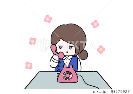 笑顔で電話で対応をする女性　受付　事務員　制服　イラスト	 98279927