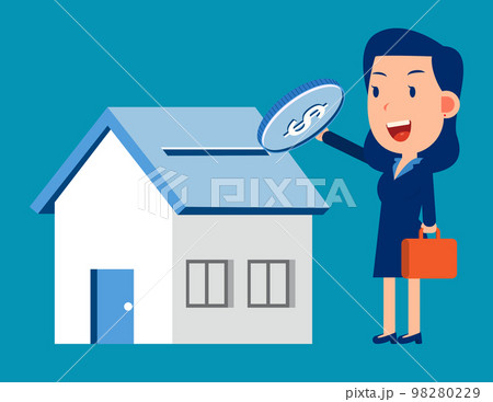 Mortgage concept. Puts dollar coin in house or bank building 98280229