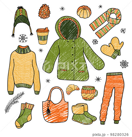 contour and pensil drawing a set of winter clothes 98280326