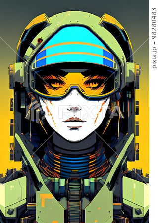 A portrait of a beautiful girl-a war in modern armor with the latest weapons of the future. Woman with a helmet and a space suit, with a space background A portrait of a beautiful girl-a war in modern armor with the latest weapons of the future. Woman with a helmet and a space suit, with a space background 98280483