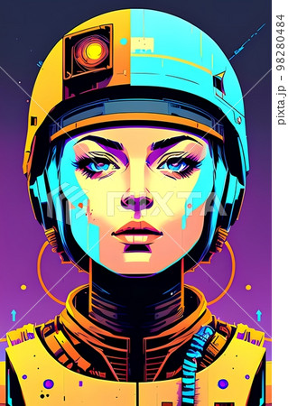 A portrait of a beautiful girl-a war in modern armor with the latest weapons of the future. Woman with a helmet and a space suit, with a space background A portrait of a beautiful girl-a war in modern armor with the latest weapons of the future. Woman with a helmet and a space suit, with a space background 98280484
