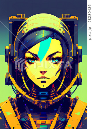 A portrait of a beautiful girl-a war in modern armor with the latest weapons of the future. Woman with a helmet and a space suit, with a space background 98280486