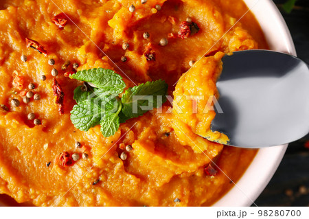 Concept of tasty food, sweet potato puree Concept of tasty food, sweet potato puree 98280700