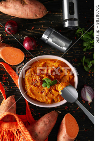 Concept of tasty food, sweet potato puree, top view 98280701