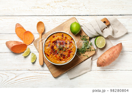 Concept of tasty food, sweet potato puree, top view 98280804