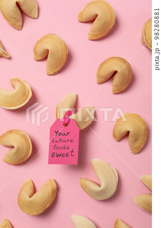 Chinese fortune cookies with prediction words, top view Chinese fortune cookies with prediction words, top view 98280881