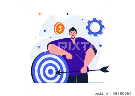 Business target modern flat concept for web banner design. Businessman holding arrow standing by dartboard. Financial success, motivation and leadership. Vector illustration with isolated people scene Business target modern flat concept for web banner design. Businessman holding arrow standing by dartboard. Financial success, motivation and leadership. Vector illustration with isolated people scene 98280964