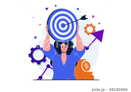 Business target modern flat concept for web banner design. Businesswoman holds dartboard with arrow. Financial success, goals achievement and leadership. Vector illustration with isolated people scene Business target modern flat concept for web banner design. Businesswoman holds dartboard with arrow. Financial success, goals achievement and leadership. Vector illustration with isolated people scene 98280966