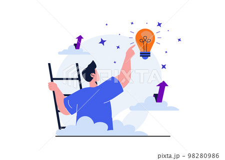 Business growth modern flat concept for web banner design. Businessman climbed stairs up and generates new ideas, develops projects and achieves goals. Vector illustration with isolated people scene 98280986