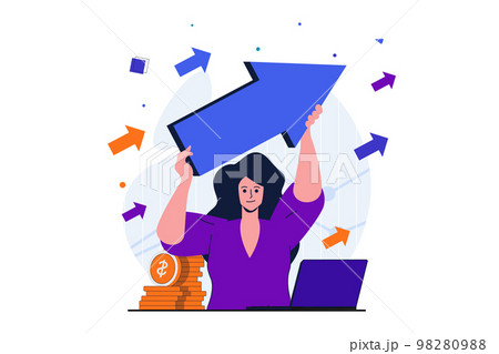 Business growth modern flat concept for web banner design. Businesswoman holding arrow with up direction. Income and sales growth, ambition and progress. Vector illustration with isolated people scene 98280988