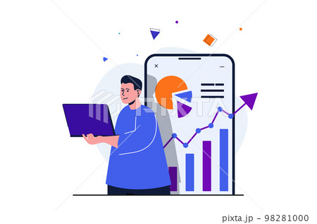 Business growth modern flat concept for web banner design. Man studies graphs and charts with growth of company revenues. Businessman working on laptop. Vector illustration with isolated people scene Business growth modern flat concept for web banner design. Man studies graphs and charts with growth of company revenues. Businessman working on laptop. Vector illustration with isolated people scene 98281000