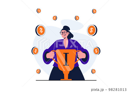 Business award modern flat concept for web banner design. Businesswoman holding golden cup, taking first place, celebrating victory, increasing profit. Vector illustration with isolated people scene Business award modern flat concept for web banner design. Businesswoman holding golden cup, taking first place, celebrating victory, increasing profit. Vector illustration with isolated people scene 98281013