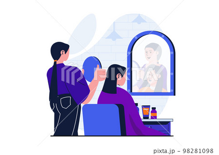 Beauty salon modern flat concept for web banner design. Woman hairdresser holds small mirror and shows female client back view of haircut in studio. Vector illustration with isolated people scene 98281098
