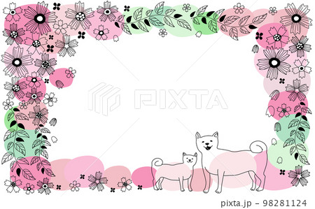 北欧風の桜の花と柴犬のかわいい手描きフレーム 北欧風の桜の花と柴犬のかわいい手描きフレーム 98281124
