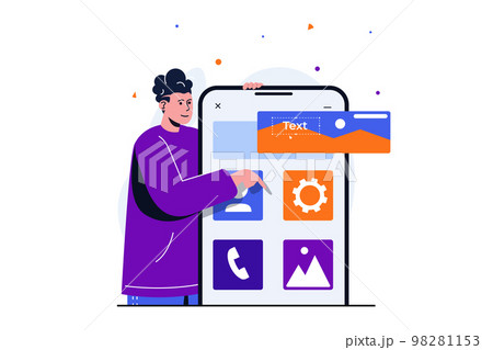App development modern flat concept for web banner design. Male designer placing graphic elements and menu buttons on interface layout for mobile apps. Vector illustration with isolated people scene App development modern flat concept for web banner design. Male designer placing graphic elements and menu buttons on interface layout for mobile apps. Vector illustration with isolated people scene 98281153