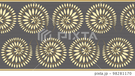 Golden and gray oil painting floral seamless border. Hand drawn circle twigs with leaves on textured gray background.  98281170