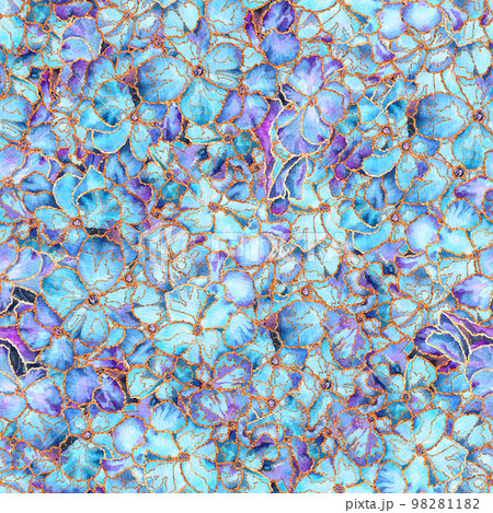 Watercolor painting textured floral seamless pattern. Abstract blue and purple flowers with golden streaks and rust on textured paper.  98281182