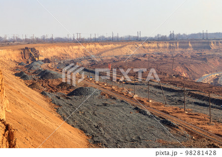 Big yellow excavator working in iron ore quarry Big yellow excavator working in iron ore quarry 98281428