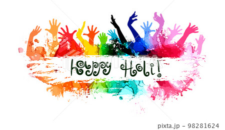 Indian festival happy holy festival, colorful poster, banner background. Multicolored hands raised up. Vector illustration Indian festival happy holy festival, colorful poster, banner background. Multicolored hands raised up. Vector illustration 98281624