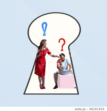 Contemporary art collage. Creative design. Man doing laundry, woman holding hair dryer above water. Keyhole look Contemporary art collage. Creative design. Man doing laundry, woman holding hair dryer above water. Keyhole look 98281929