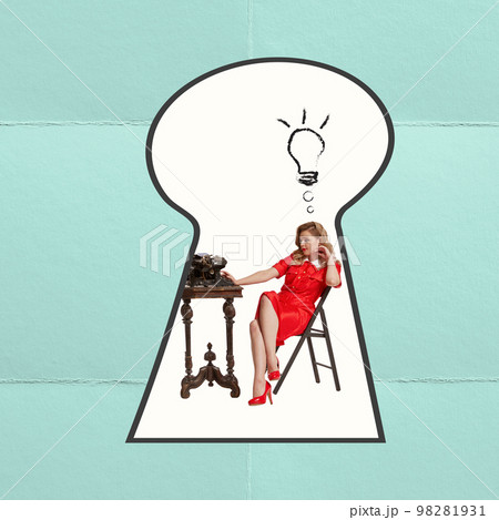 Contemporary art collage. Creative design. Young woman catching inspiration, sitting in front of typewriter. Keyhole look Contemporary art collage. Creative design. Young woman catching inspiration, sitting in front of typewriter. Keyhole look 98281931