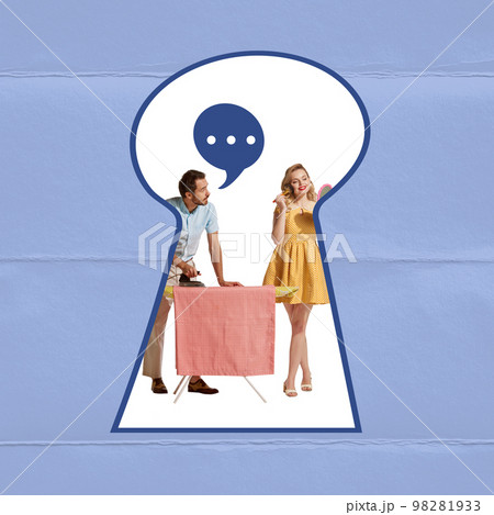 Contemporary art collage. Creative design. Family. Man ironing clothes and woman doing her makeup. Keyhole look 98281933
