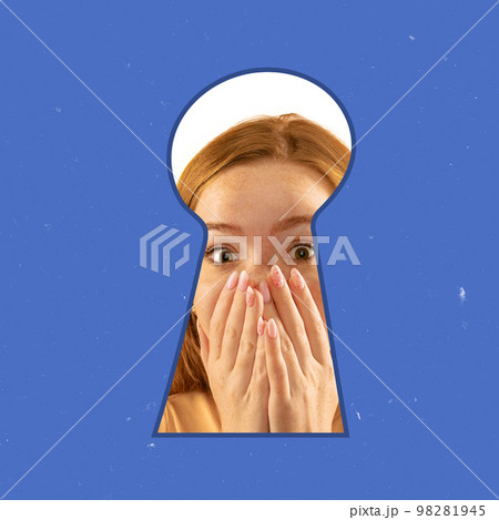 Contemporary art collage. Creative design. Young girl with shocked facial expression looking out keyhole over blue background 98281945
