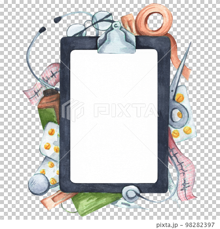 Watercolor painting of Writing pad paper clip board. 98282397