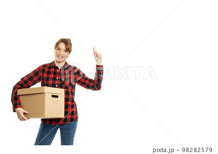 Concept of move with young woman, isolated on white background 98282579