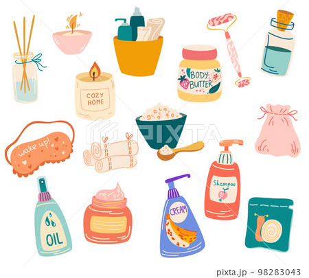 Skin care tools collection. Creams, shampoos, body oil, candles and fragrance. Treatments, skincare routine, moisturizer, sleeping mask, facial roller massager. Wellness and wellbeing concept. Vector Skin care tools collection. Creams, shampoos, body oil, candles and fragrance. Treatments, skincare routine, moisturizer, sleeping mask, facial roller massager. Wellness and wellbeing concept. Vector 98283043