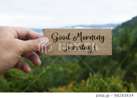 Hand holding wooden banner with Good Morning Tuesday text. With beautiful nature background. Morning wishes concept. Hand holding wooden banner with Good Morning Tuesday text. With beautiful nature background. Morning wishes concept. 98283634