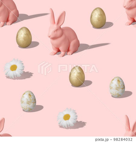 Seamless isometric pattern with Easter eggs, rabbits and flowers on pink background. Trendy design for print, textile, wrapping paper. Hard light. Happy Easter. Seamless texture. 3d render. 98284032