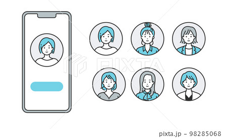 【丸背景】スマートフォンとオフィスカジュアルの女性人物アバター 98285068