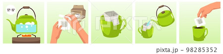 Making process of drip brewed coffee, flat vector illustration. Making process of drip brewed coffee, flat vector illustration. 98285352