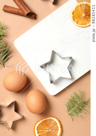 Concept of cooking tools, cookie cutters, top view Concept of cooking tools, cookie cutters, top view 98285411