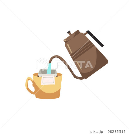 Pouring hot water over paper filter with ground coffee, flat vector illustration isolated on white background. Pouring hot water over paper filter with ground coffee, flat vector illustration isolated on white background. 98285515