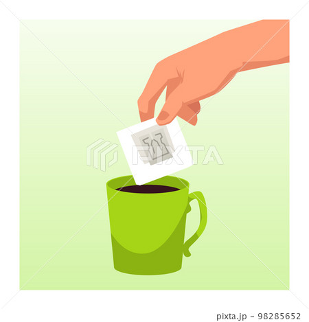 Hand holding bag of instant coffee over cup, flat vector illustration. Hand holding bag of instant coffee over cup, flat vector illustration. 98285652