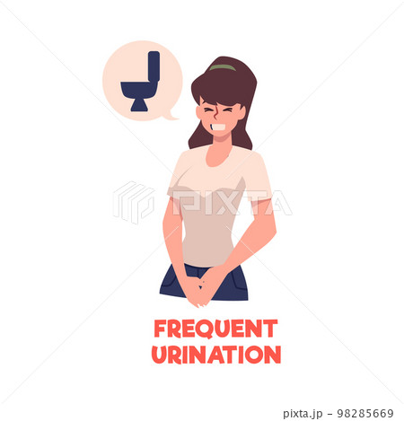 Woman suffering from frequent urination, flat vector illustration isolated on white background. 98285669